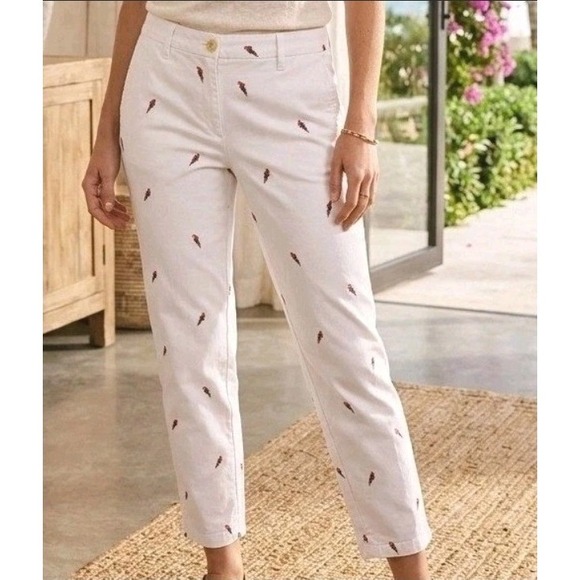 Talbots Pants - Talbots Relaxed Chino Pants 8 White Parrot Embroidered Cotton Stretch Prep #733